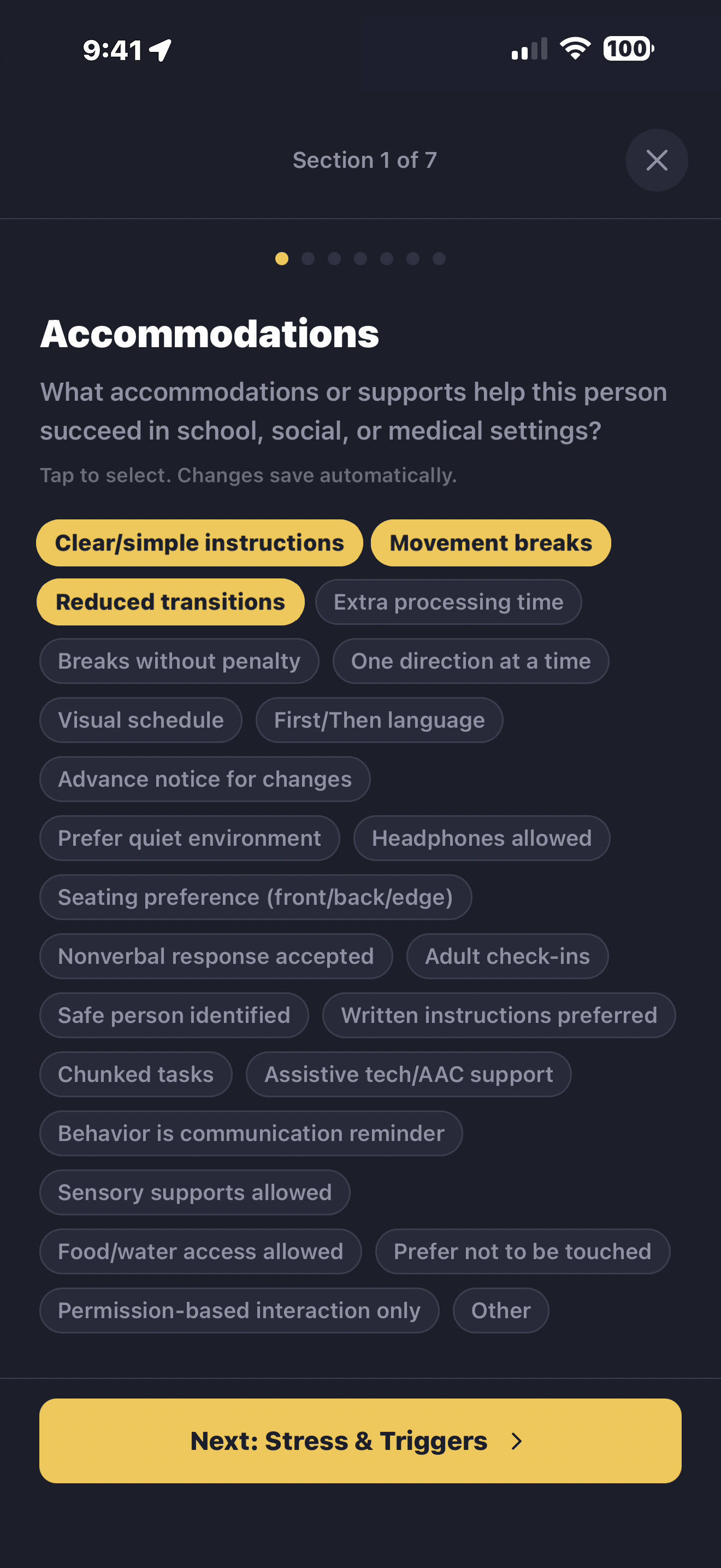 LifeVault profile with customizable support sections showing accommodations and preferences