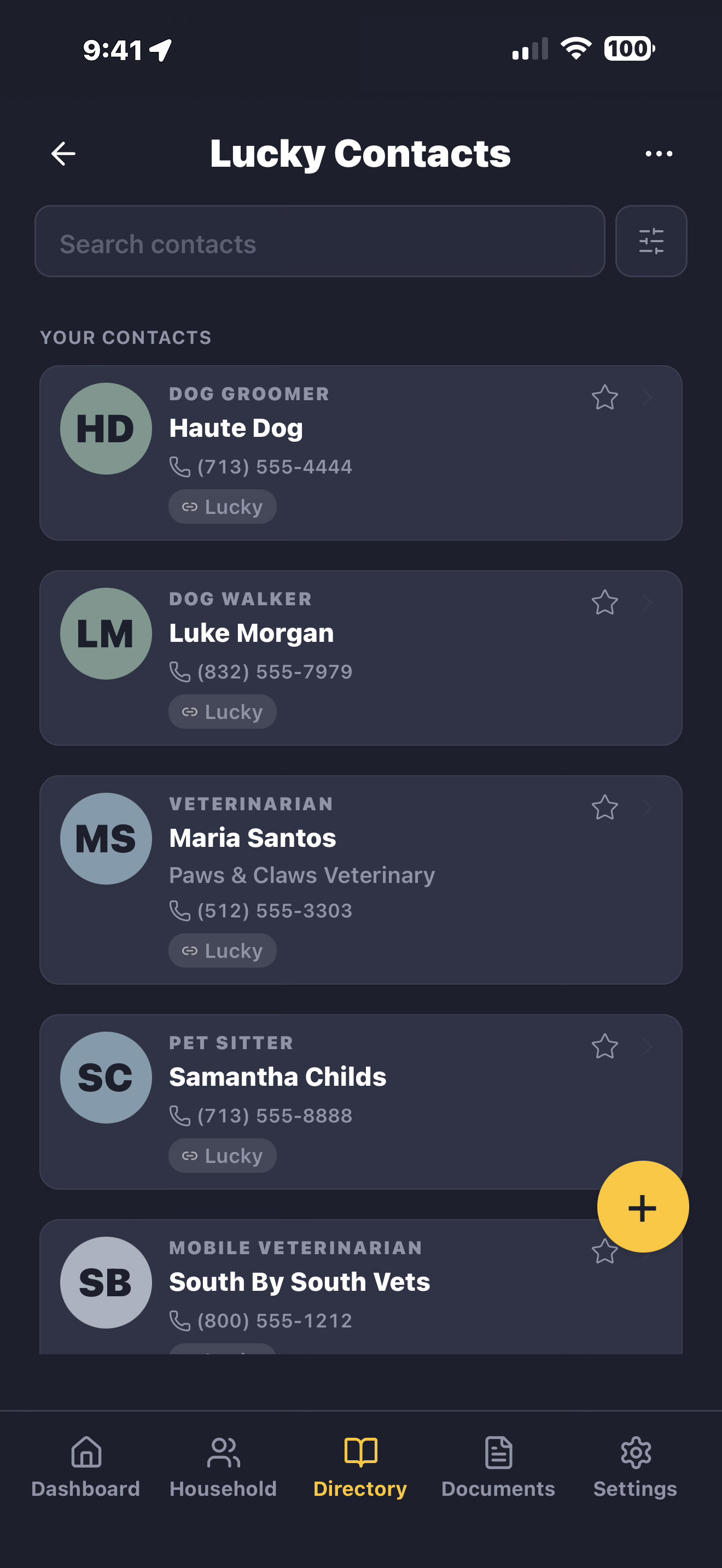 Lucky's contacts - vet, groomer, dog walker