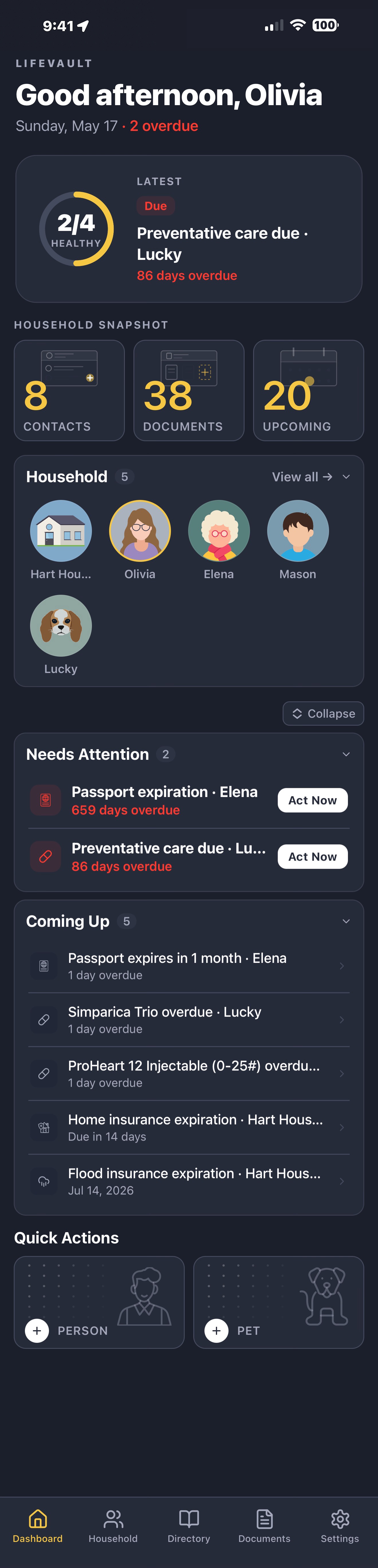 LifeVault digital family binder dashboard showing organized household profiles for family members and pets