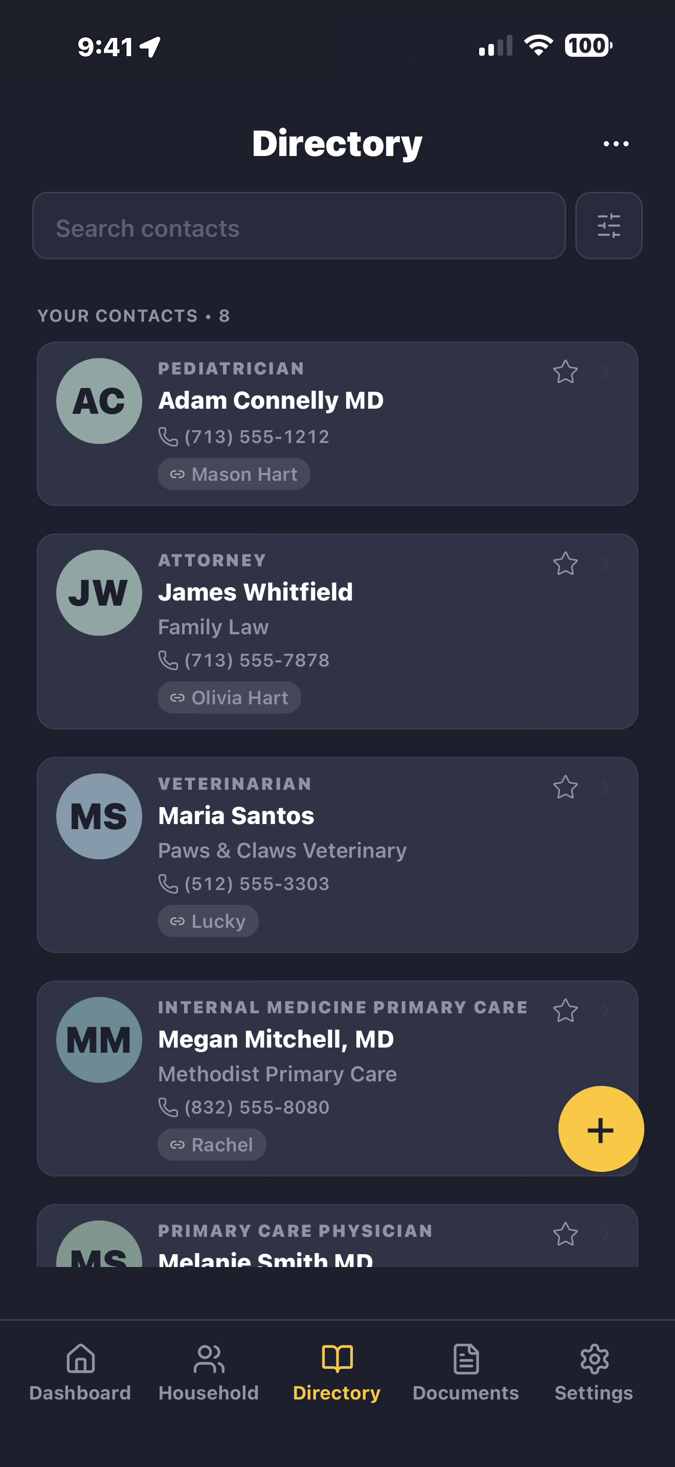 LifeVault Directory screen — contacts scoped to household, single profiles, and multiple profiles