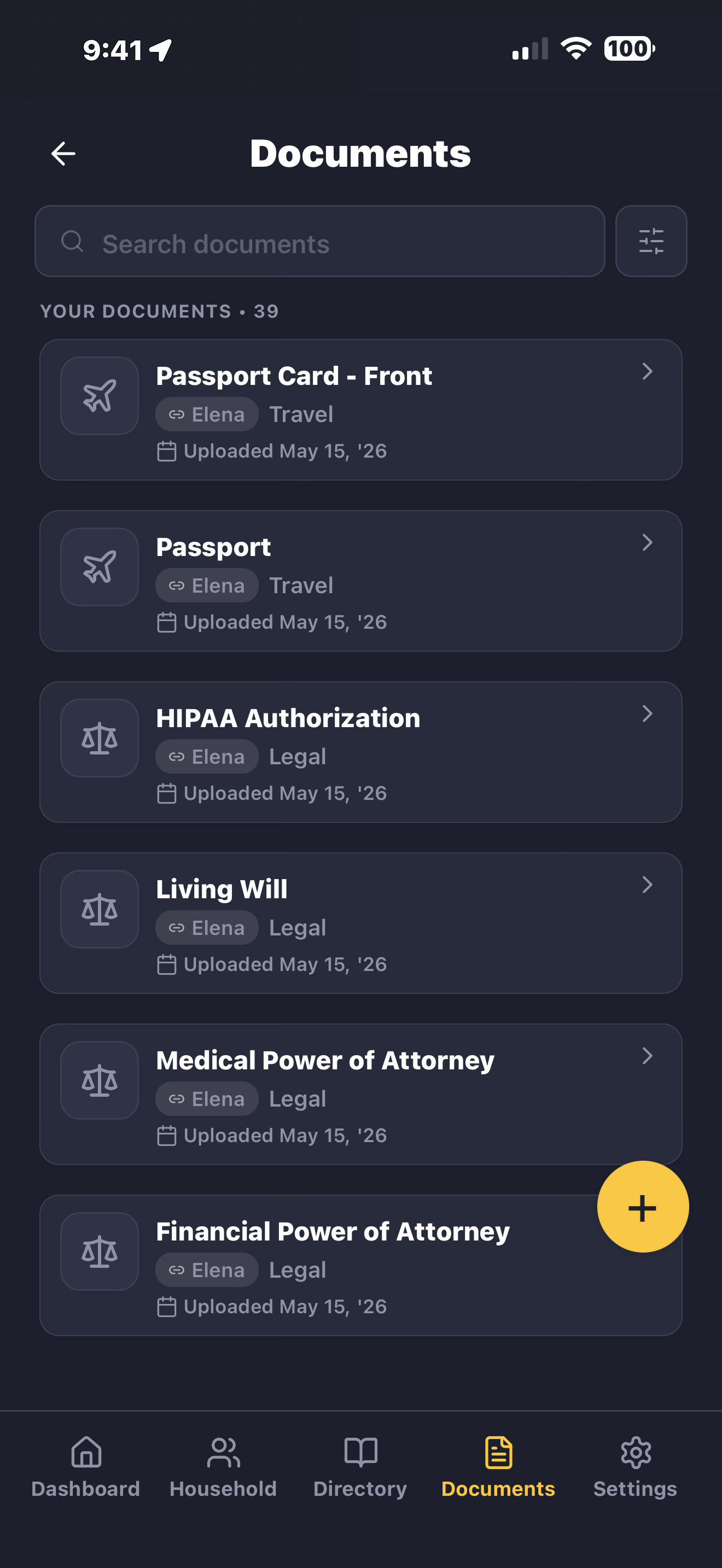 LifeVault Documents screen — every document linked to a profile, with record type tags like Insurance, ID, Medical