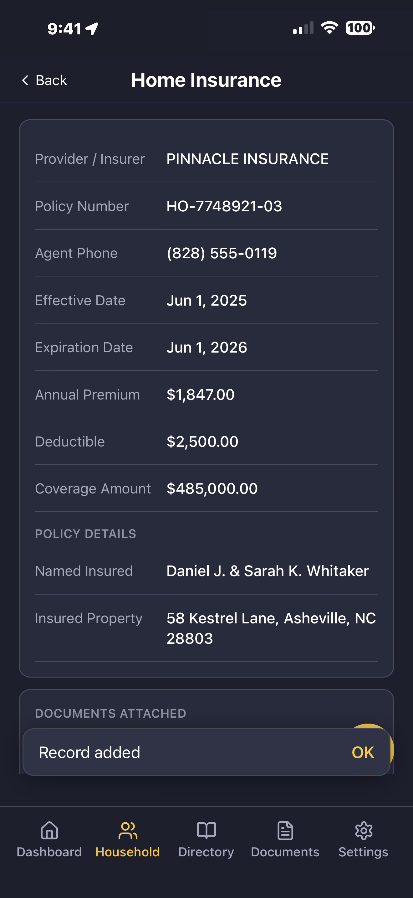 Home insurance record organized into structured, editable fields in LifeVault