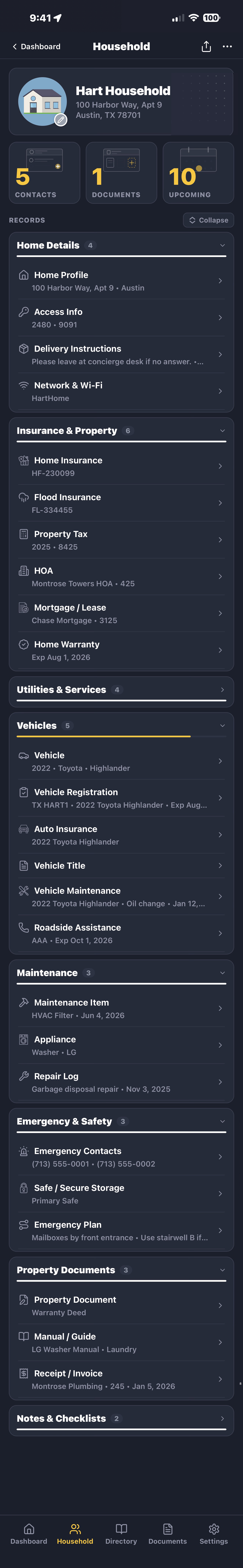 Hart Household profile — scroll through Home Details, Insurance, Utilities, Vehicles, Maintenance, Emergency, Property Documents, and Notes