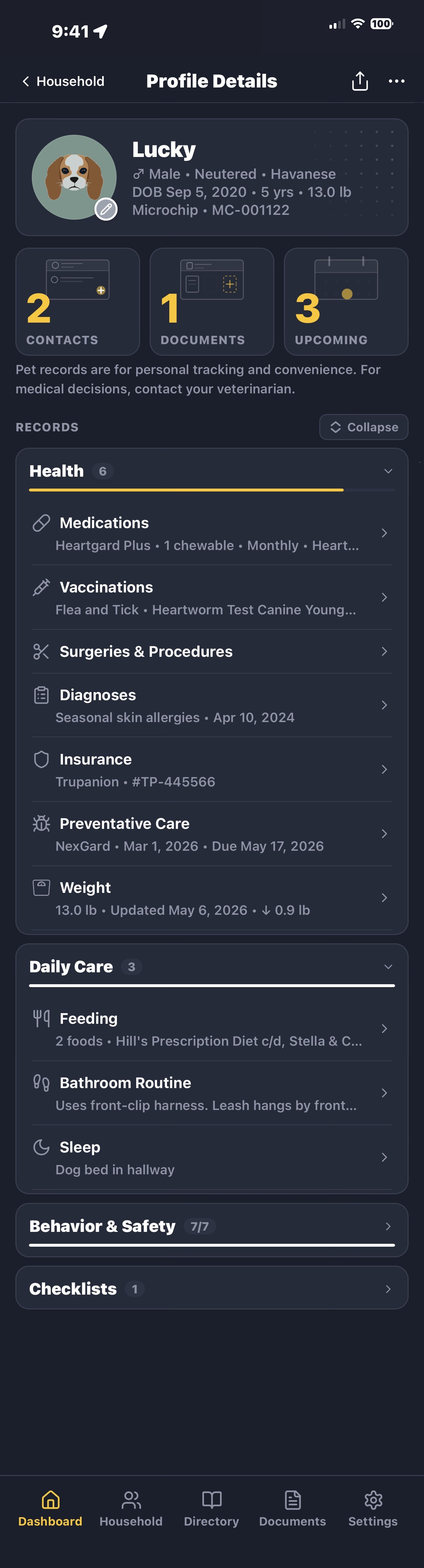 Lucky's profile — medications, vaccinations, surgeries, daily care routines, and behavior & safety guide