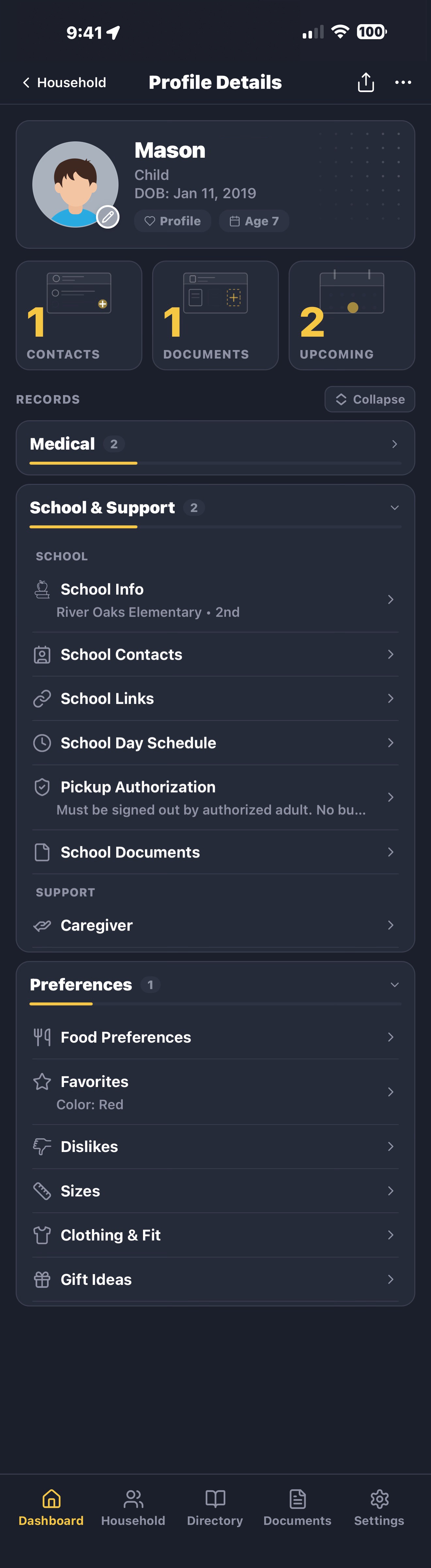 Mason's customized profile showing only Identification, Medical, Insurance, Support Guide, School & Support, and Preferences — kid-appropriate sections only
