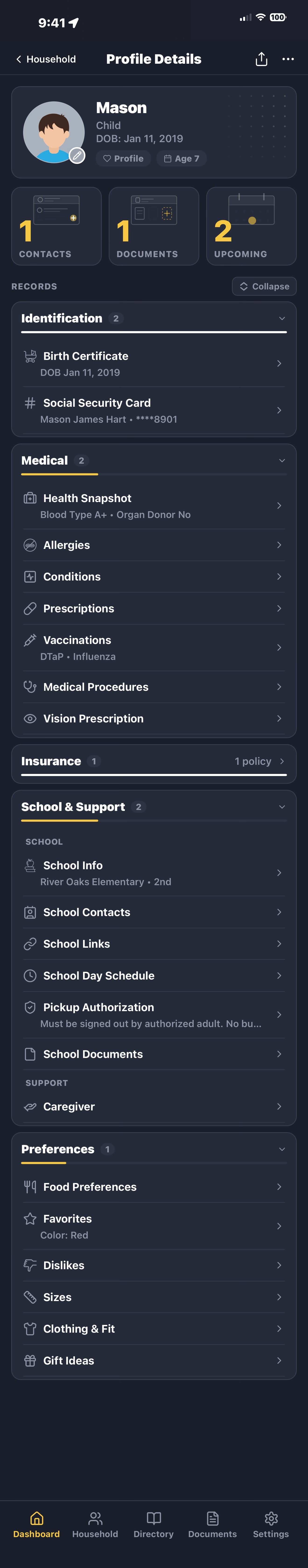 Mason's profile — birth certificate, allergies, vaccinations, school info, pickup authorization, and support guide