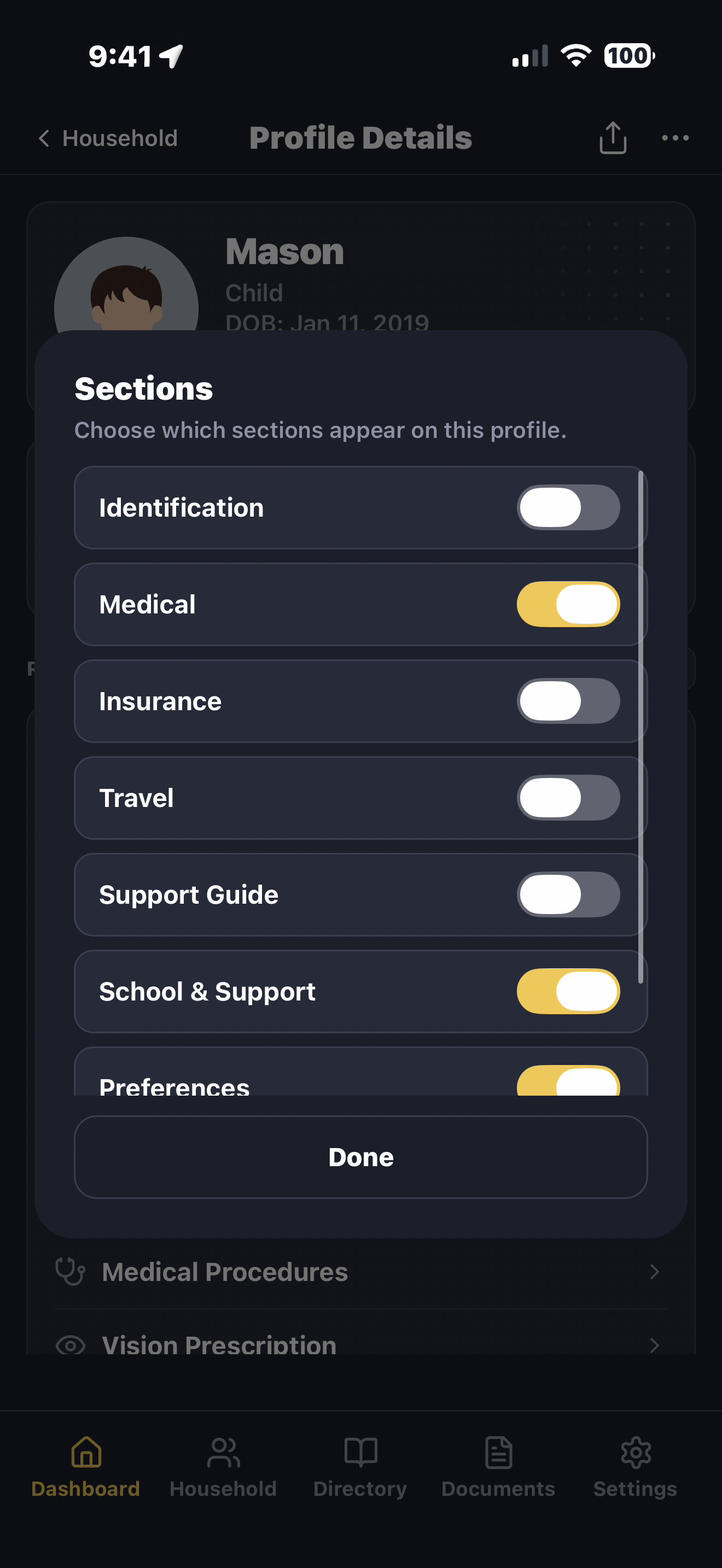 Sections toggle modal showing which profile sections appear for Mason: Identification, Medical, Insurance on — Travel, Preferences off — School & Support on
