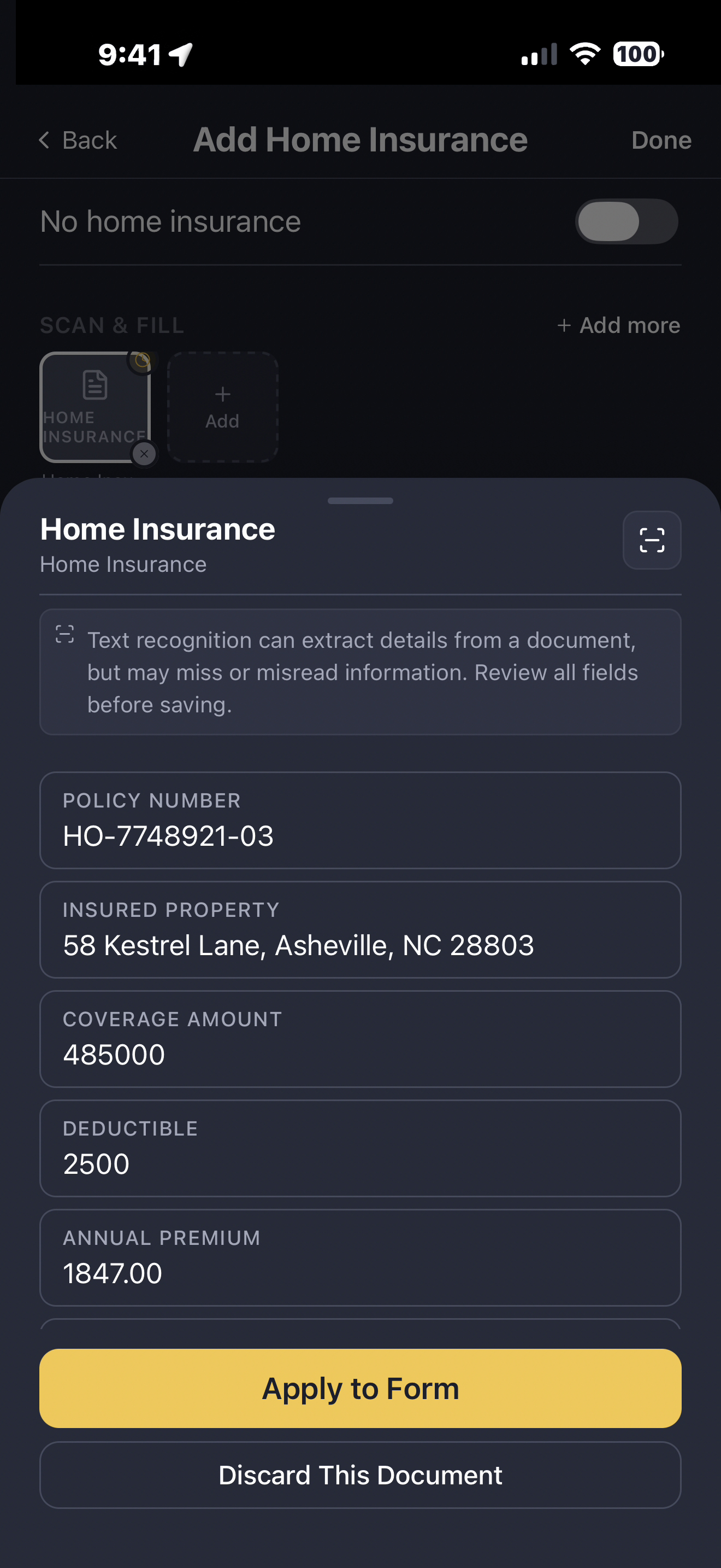 LifeVault reading and extracting details from a home insurance document