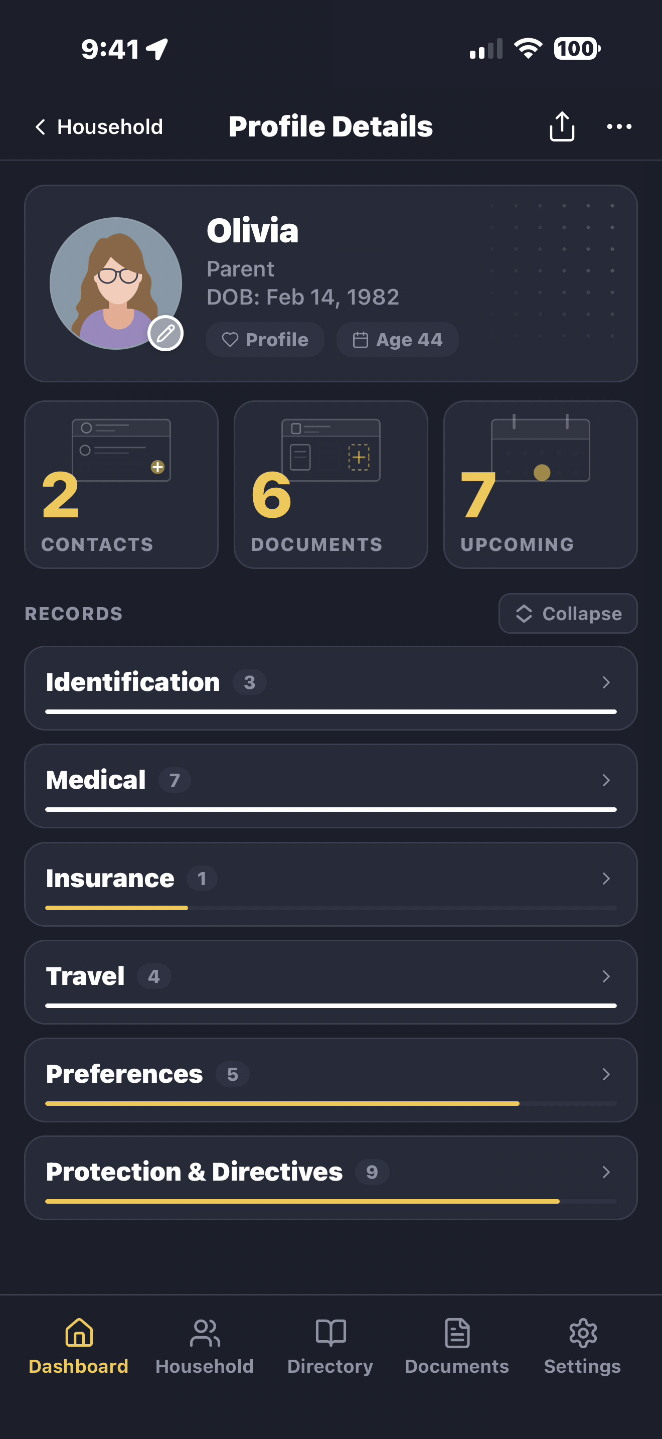 Olivia's profile — driver's license, medical history, insurance, travel docs, preferences, and directives