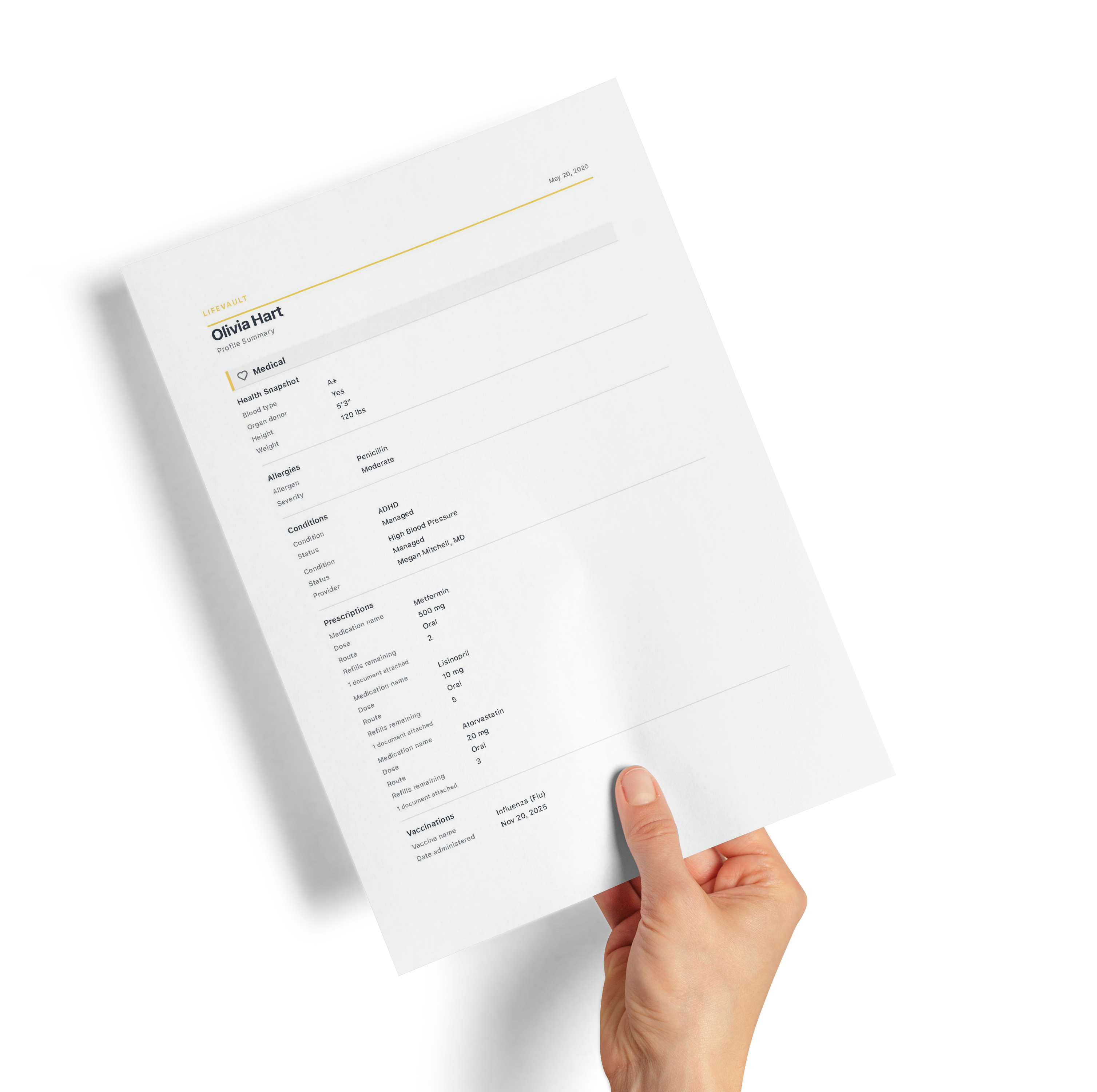 Hands holding a generated LifeVault PDF summary