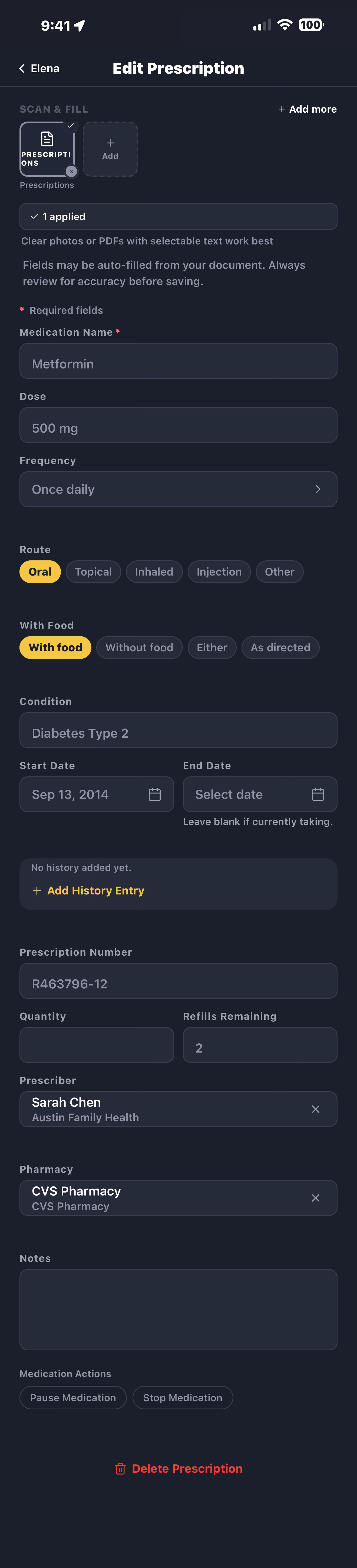 LifeVault prescription record showing medication name, dosage, prescriber, pharmacy, and refill details