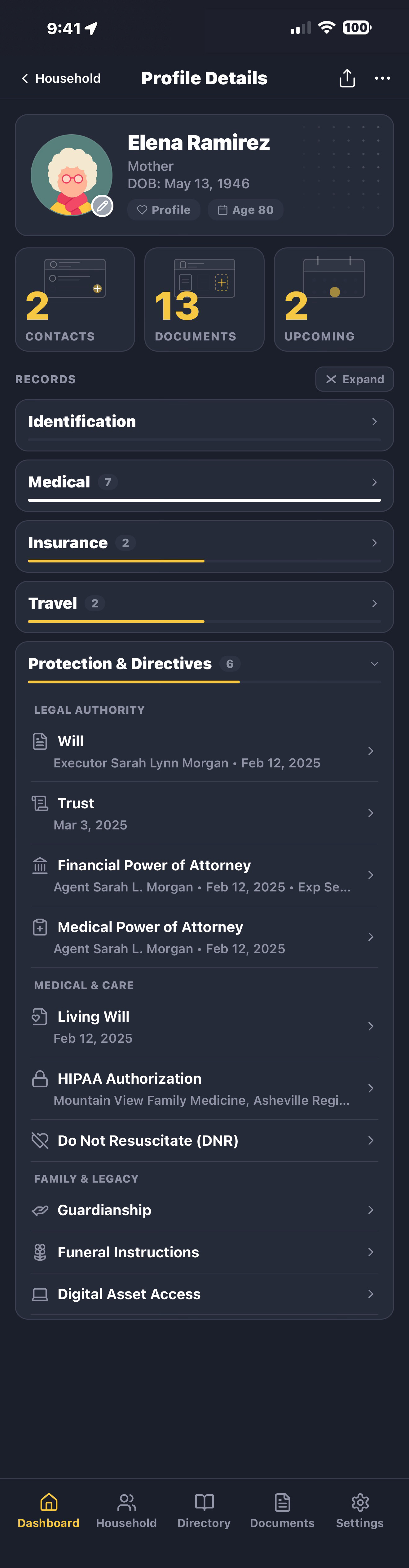 LifeVault adult profile showing organized medical records, insurance cards, prescriptions, advance directives, and emergency contacts