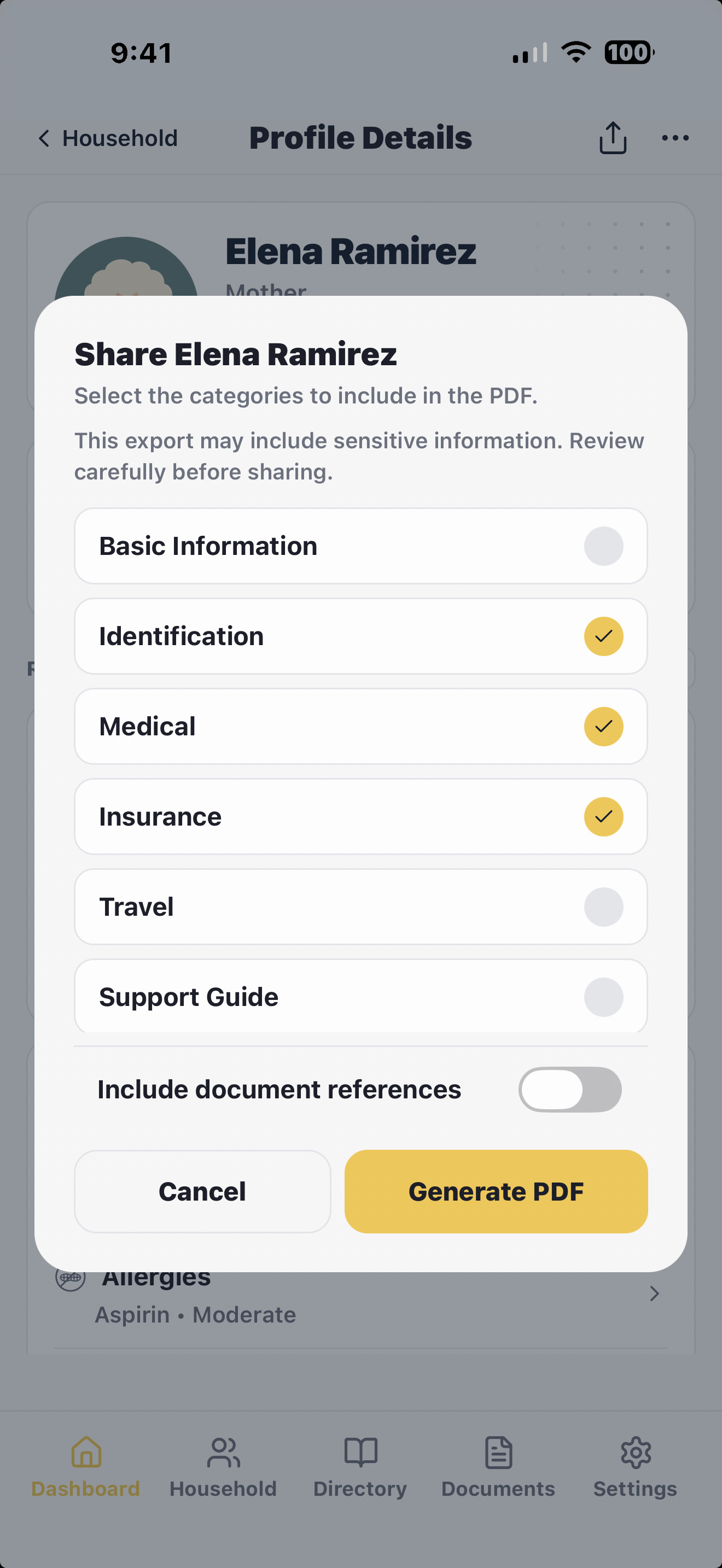 LifeVault share screen generating a PDF with medications, insurance, and emergency contacts to share with a caregiver