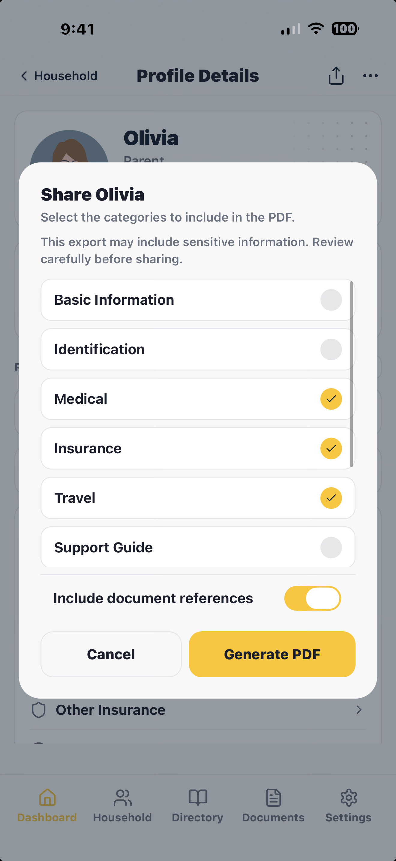 Share sheet generating a profile PDF — select sections to include, then send via Messages, Mail, AirDrop, or any other app