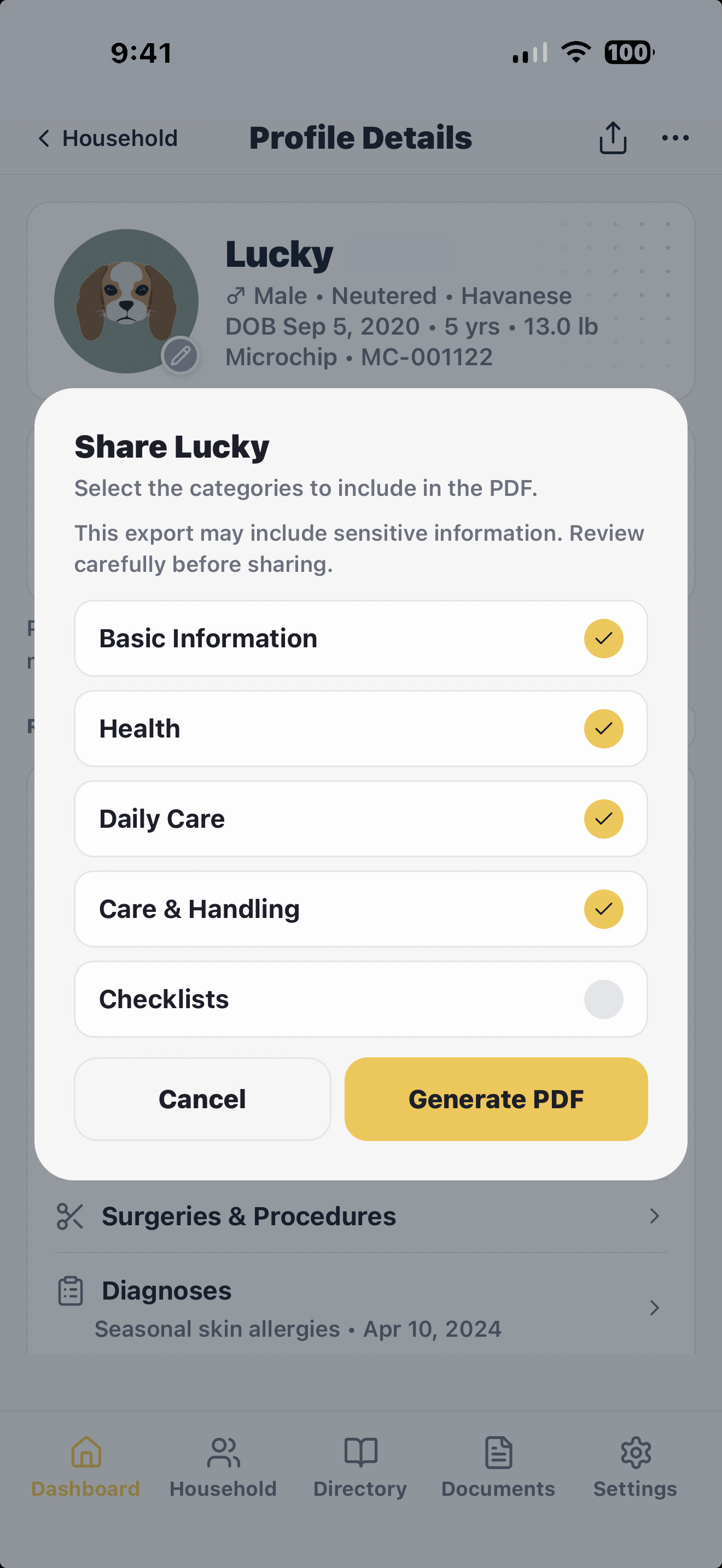LifeVault share screen generating a shareable pet profile PDF with vaccination records, medications, feeding instructions, and vet contacts