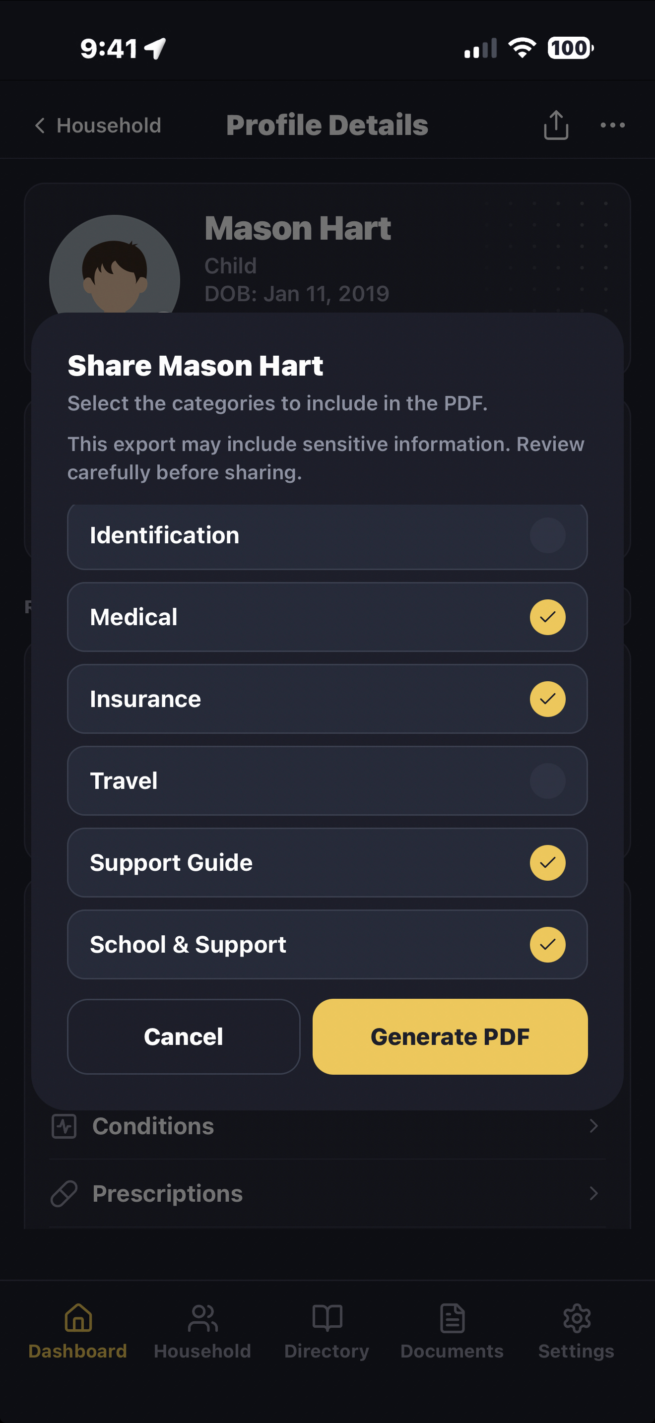 LifeVault profile with customizable sections showing private support information