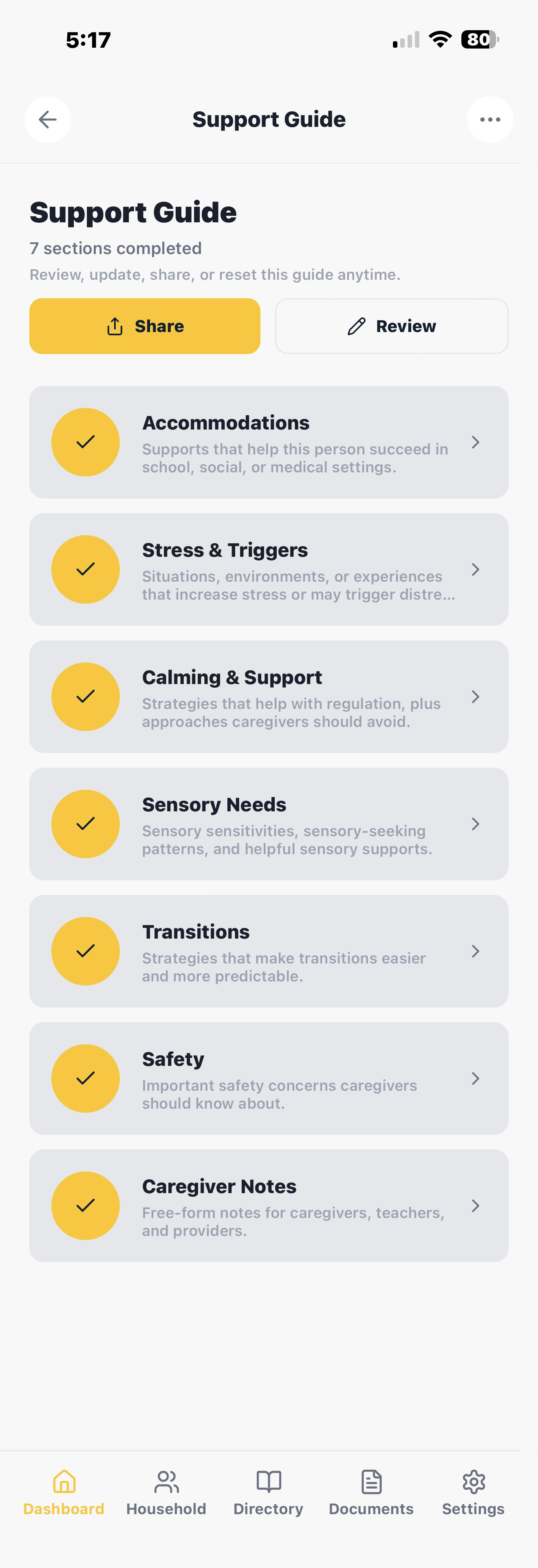 LifeVault share screen generating a support guide PDF with accommodations, routines, and caregiver instructions