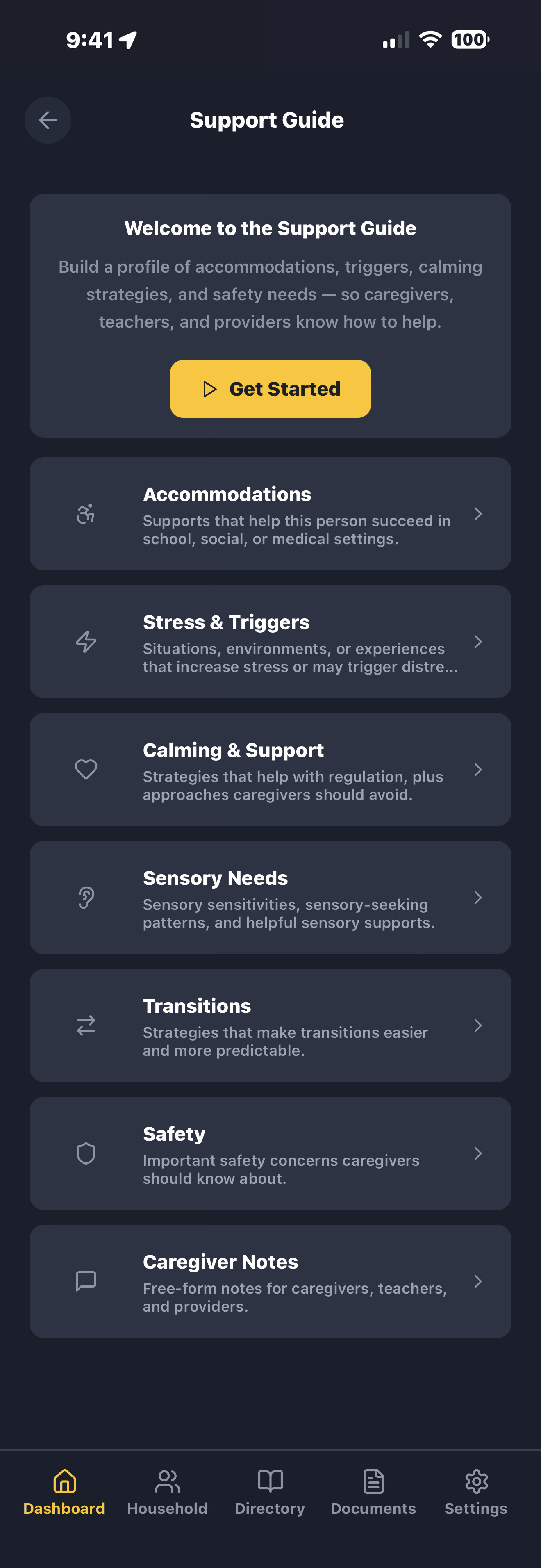 Support Guide builder showing 7 sections: Accommodations, Stress & Triggers, Calming & Support, Sensory Needs, Transitions, Safety, and Caregiver Notes