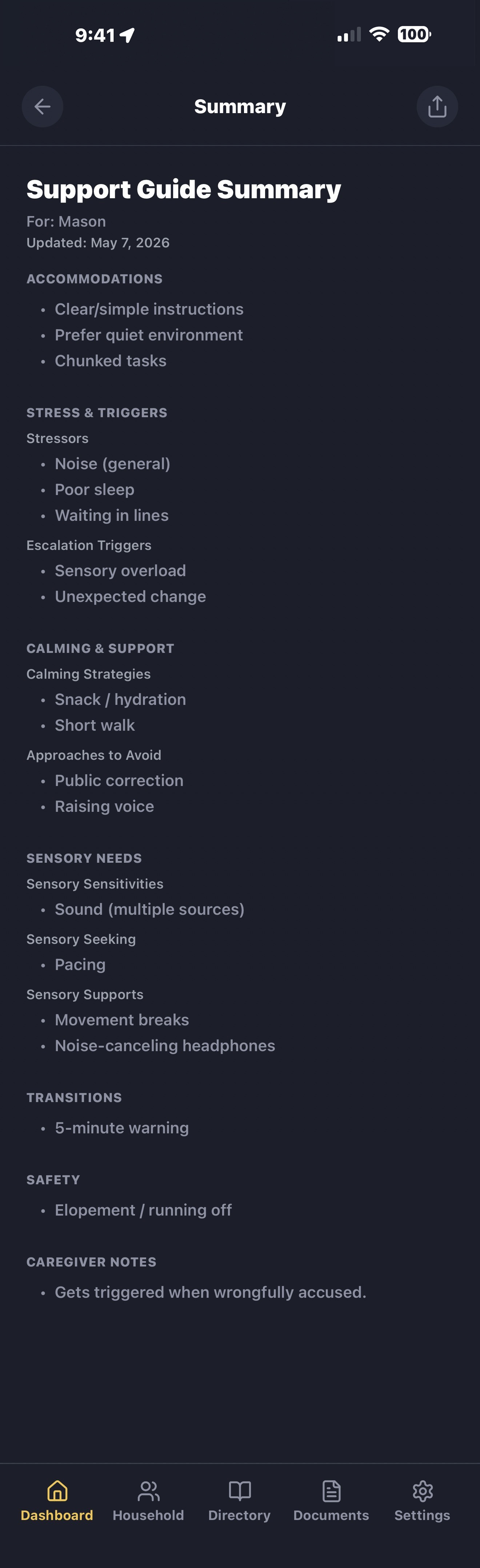 Mason's Support Guide Summary — scroll through Accommodations, Stress & Triggers, Calming & Support, Sensory Needs, Transitions, Safety, and Caregiver Notes